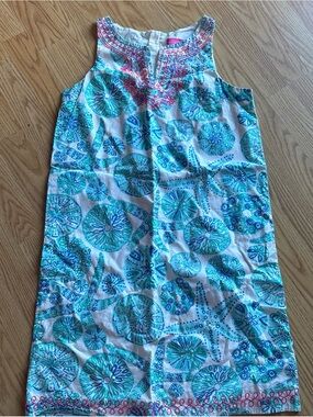 Lilly Pulitzer Girls White Dress with Teal & Pink Medallion Print